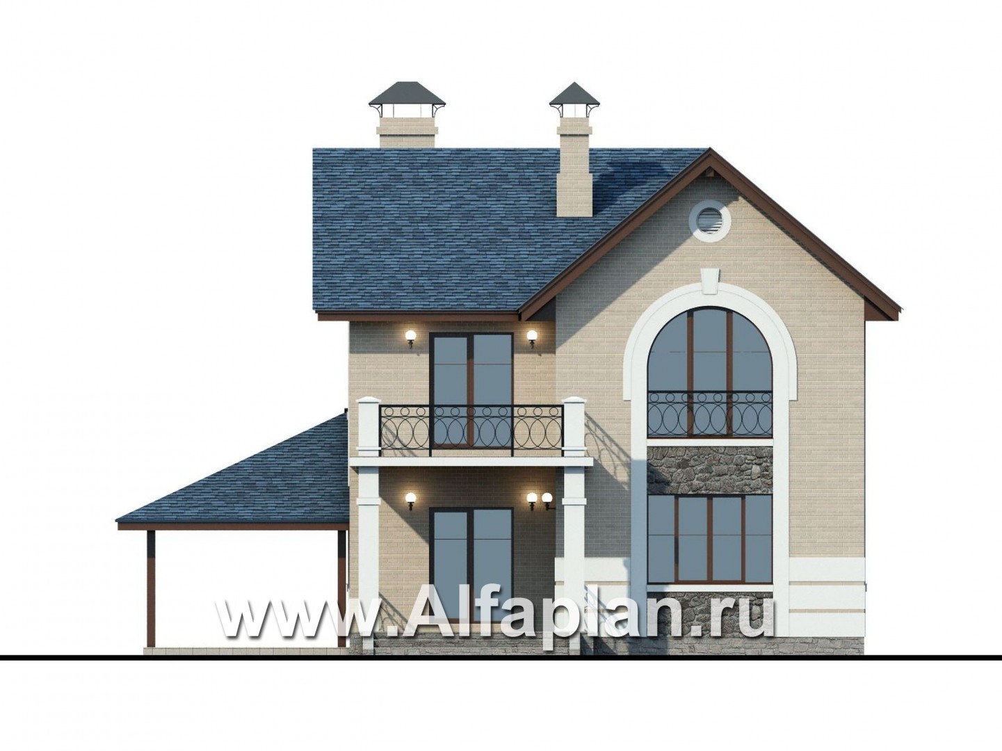 Проекты домов Альфаплан - «Монрепо» - компактный дом из блоков с гаражом-навесом - изображение фасада №4