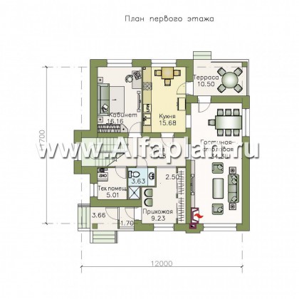 Проекты домов Альфаплан - «Простор» - компактный кирпичный дом с просторной гостиной - превью плана проекта №1
