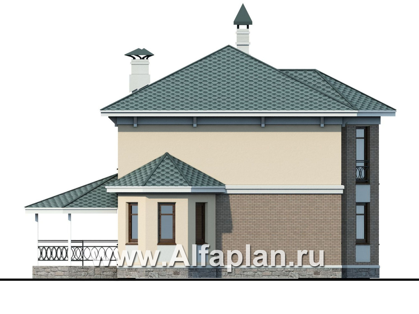 Проекты домов Альфаплан - «Классика»- проект двухэтажного дома с экрером, в русском стиле - изображение фасада №3
