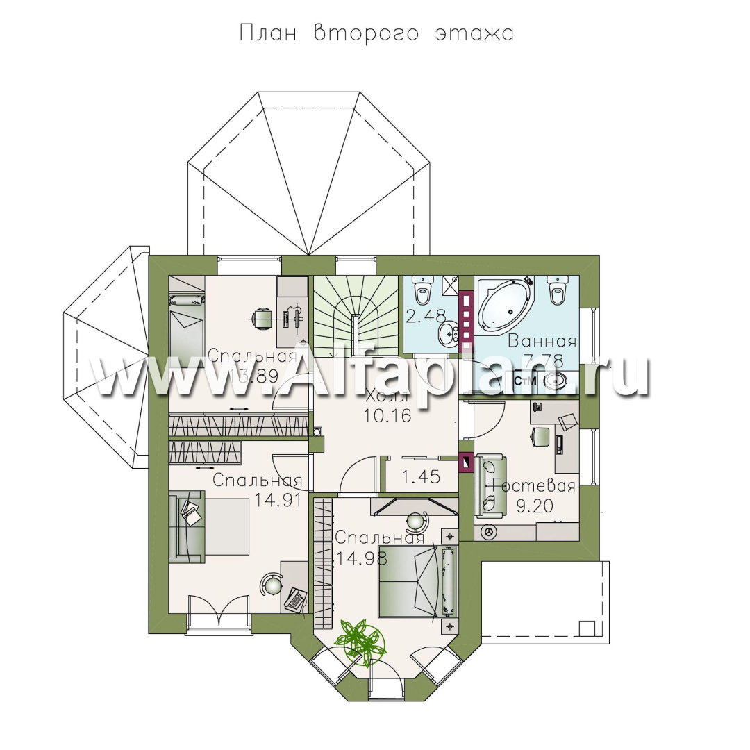 Проекты домов Альфаплан - «Классика»- проект двухэтажного дома с экрером, в русском стиле - план проекта №2