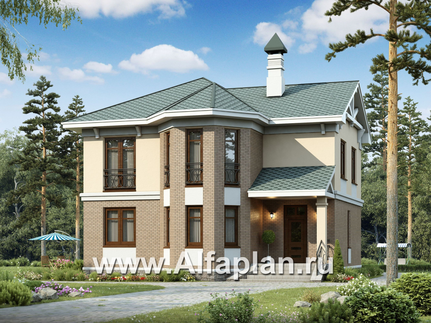Проекты домов Альфаплан - «Классика»- проект двухэтажного дома с экрером, в русском стиле - основное изображение