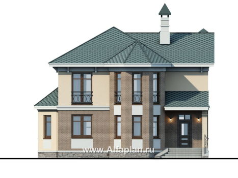 Проекты домов Альфаплан - «Классика»- проект двухэтажного дома с экрером, в русском стиле - превью фасада №1
