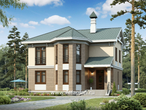 Проекты домов Альфаплан - «Классика»- проект двухэтажного дома с экрером, в русском стиле - превью основного изображения