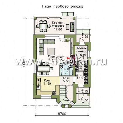 Проект дома с мансардой , с эркером и с террасой, в стиле дачи 19-го века - превью план дома