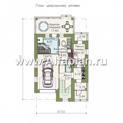 Проект двухэтажного дома с мансардой, с террасой, с гаражом и сауной, цокольный этаж на уровне земли - превью план дома