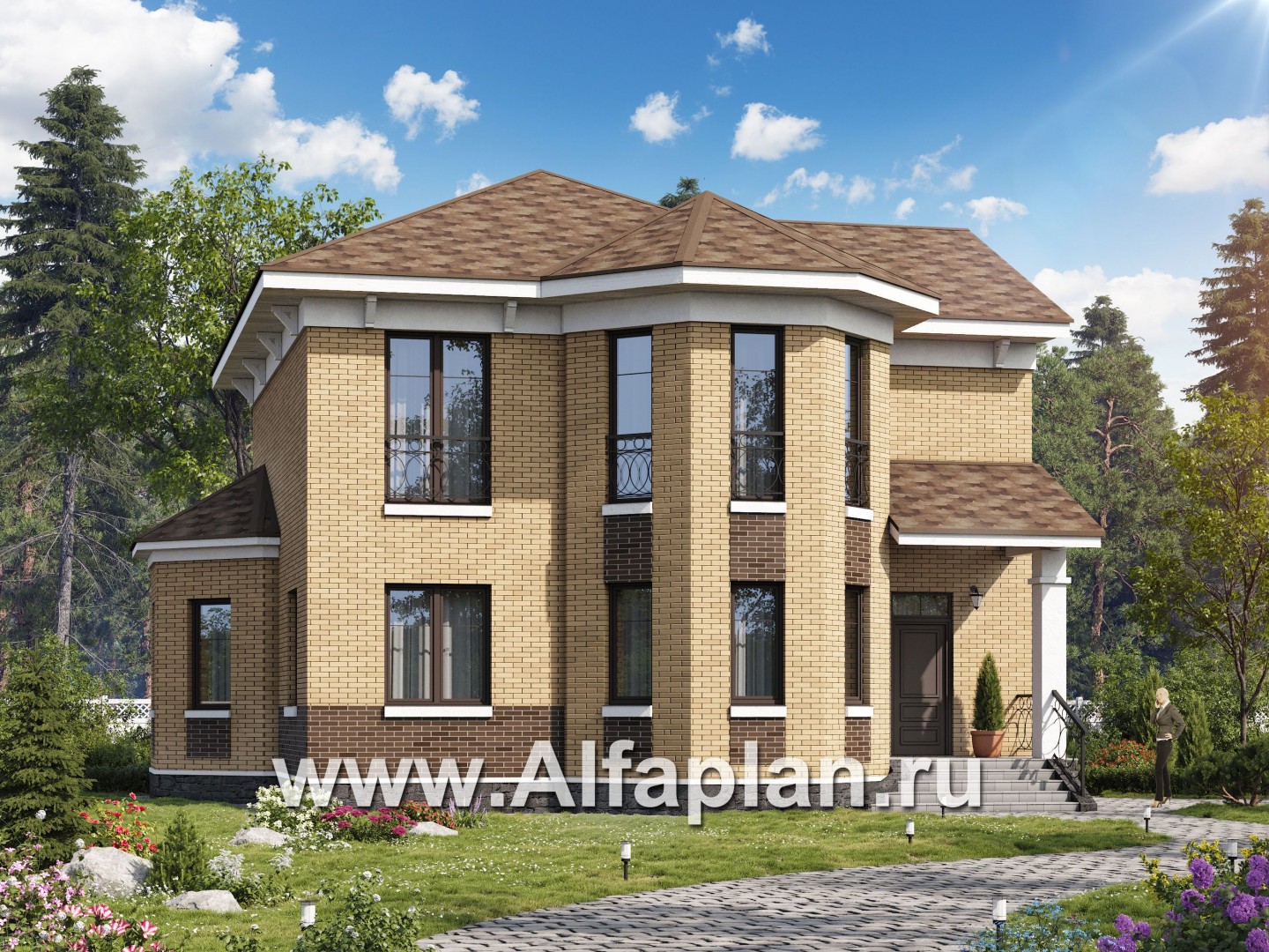 Проекты домов Альфаплан - «Классика» - проект двухэтажного дома из газобетона с эркером - основное изображение