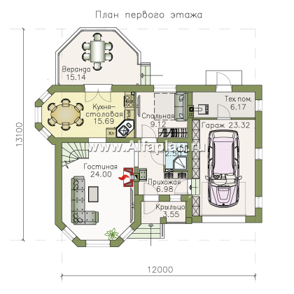 «Душечка» - проект дома с мансардой из газоблоков, в русском стиле, с гаражом - превью план дома