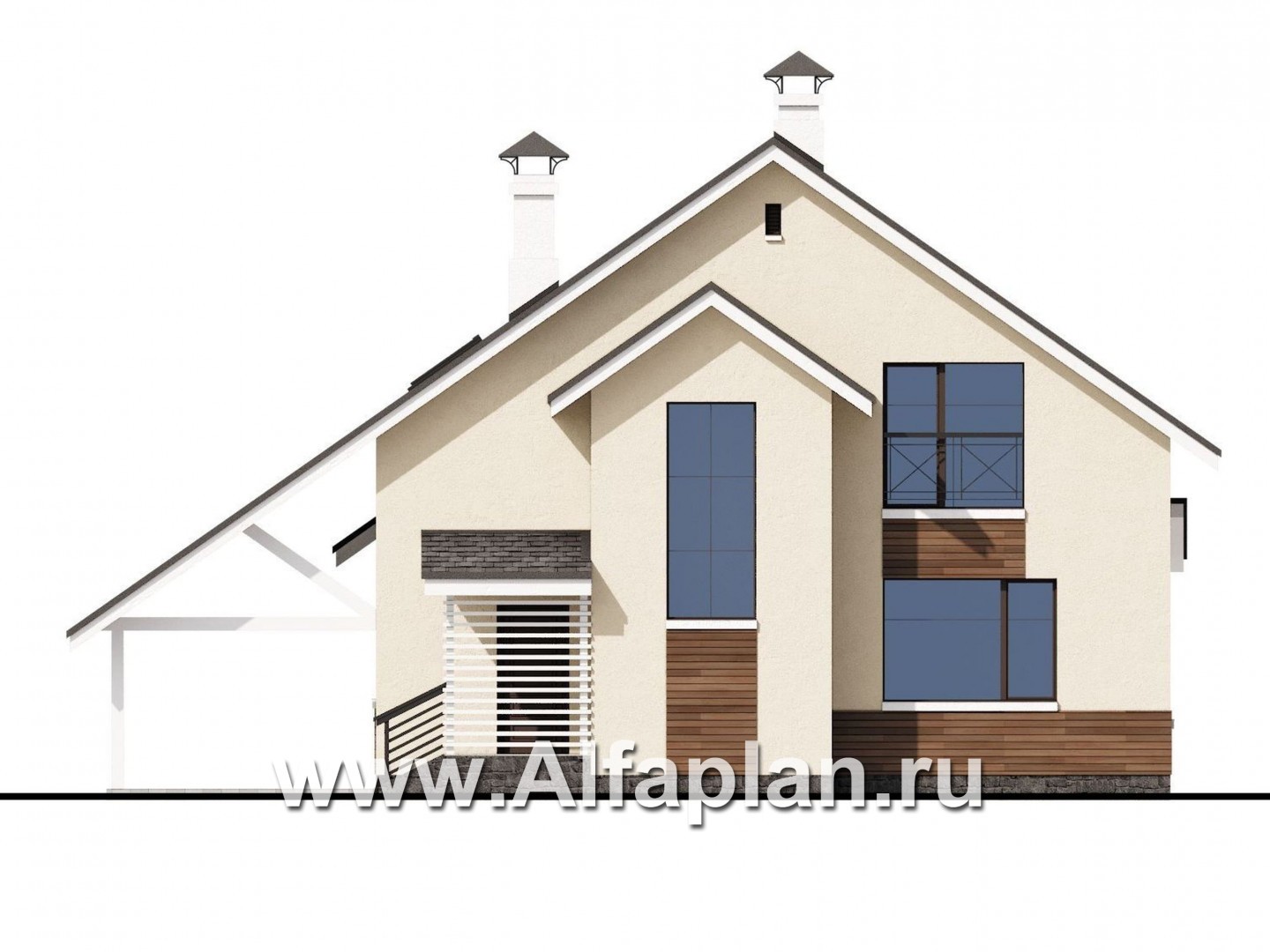 Проекты домов Альфаплан - «Реалист» - загородный дом с верандой и навесом для машины - изображение фасада №4