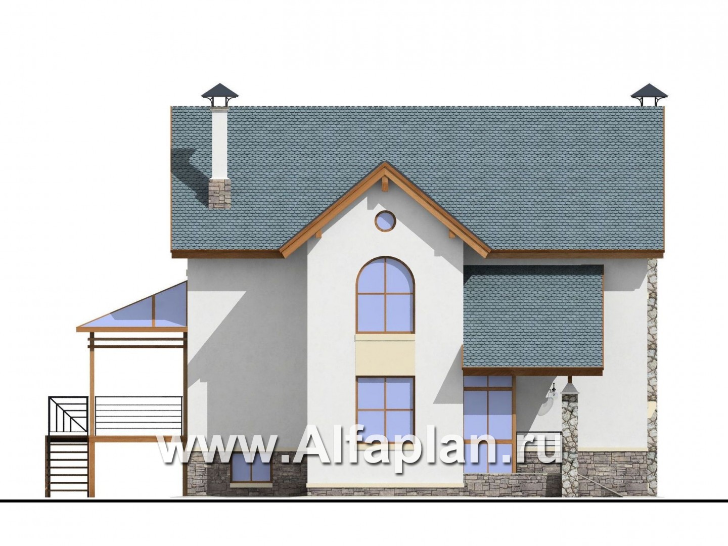 Проекты домов Альфаплан - «Экспрофессо» - проект двухэтажного дома, сауна в цокольном этаже, для узкого участка - изображение фасада №3