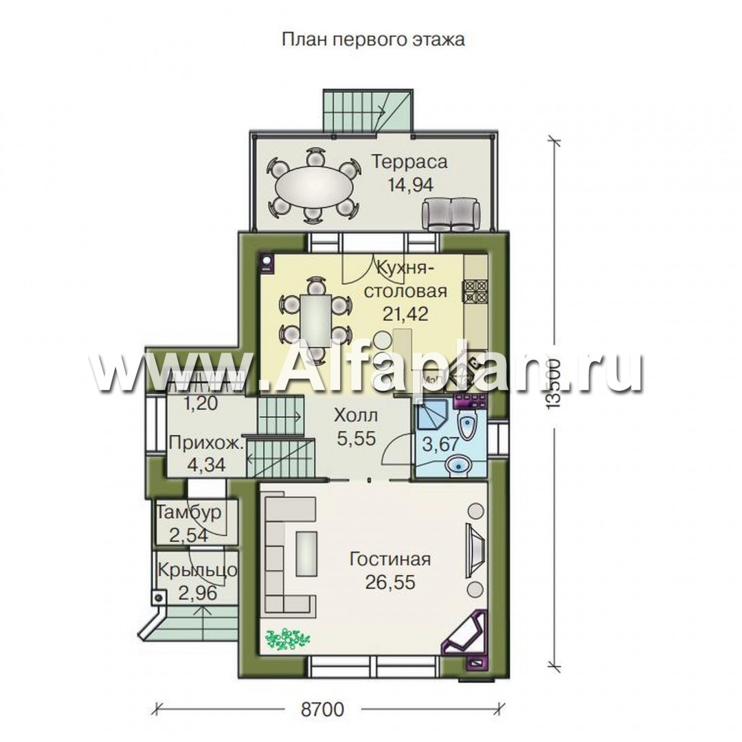 Проекты домов Альфаплан - «Экспрофессо» - проект двухэтажного дома, сауна в цокольном этаже, для узкого участка - изображение плана проекта №2