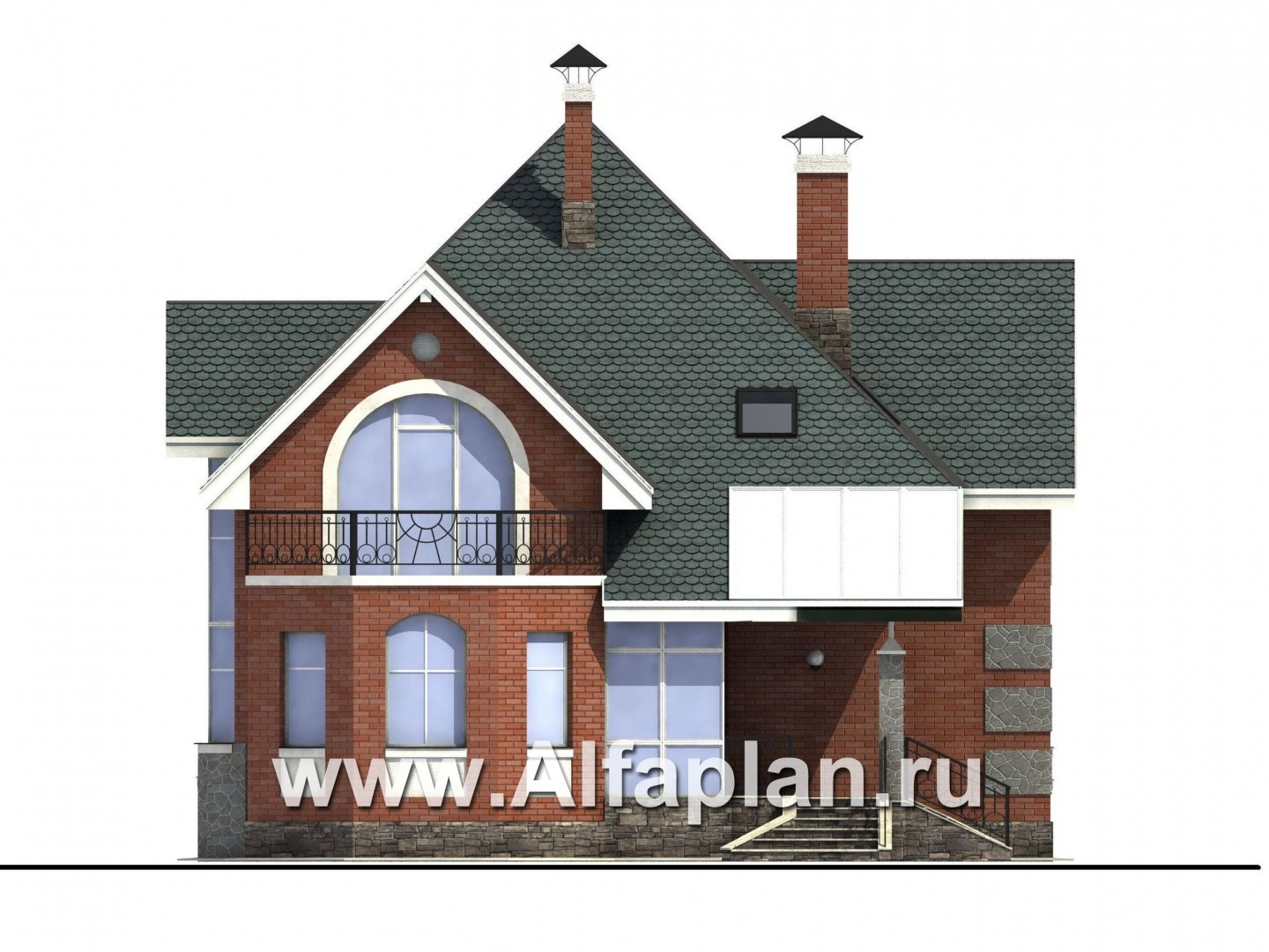 Проекты домов Альфаплан - «Романтика» - проект загородного дома с полукруглой верандой - изображение фасада №1