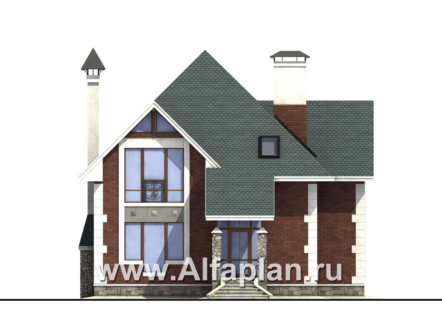 Проекты домов Альфаплан - «Алегро»- проект загородного дома с мансардой, планировка дома с эркером и с террасой - изображение фасада №1