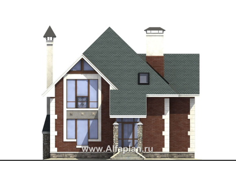 Проекты домов Альфаплан - «Алегро»- проект загородного дома с мансардой, планировка дома с эркером и с террасой - превью фасада №1