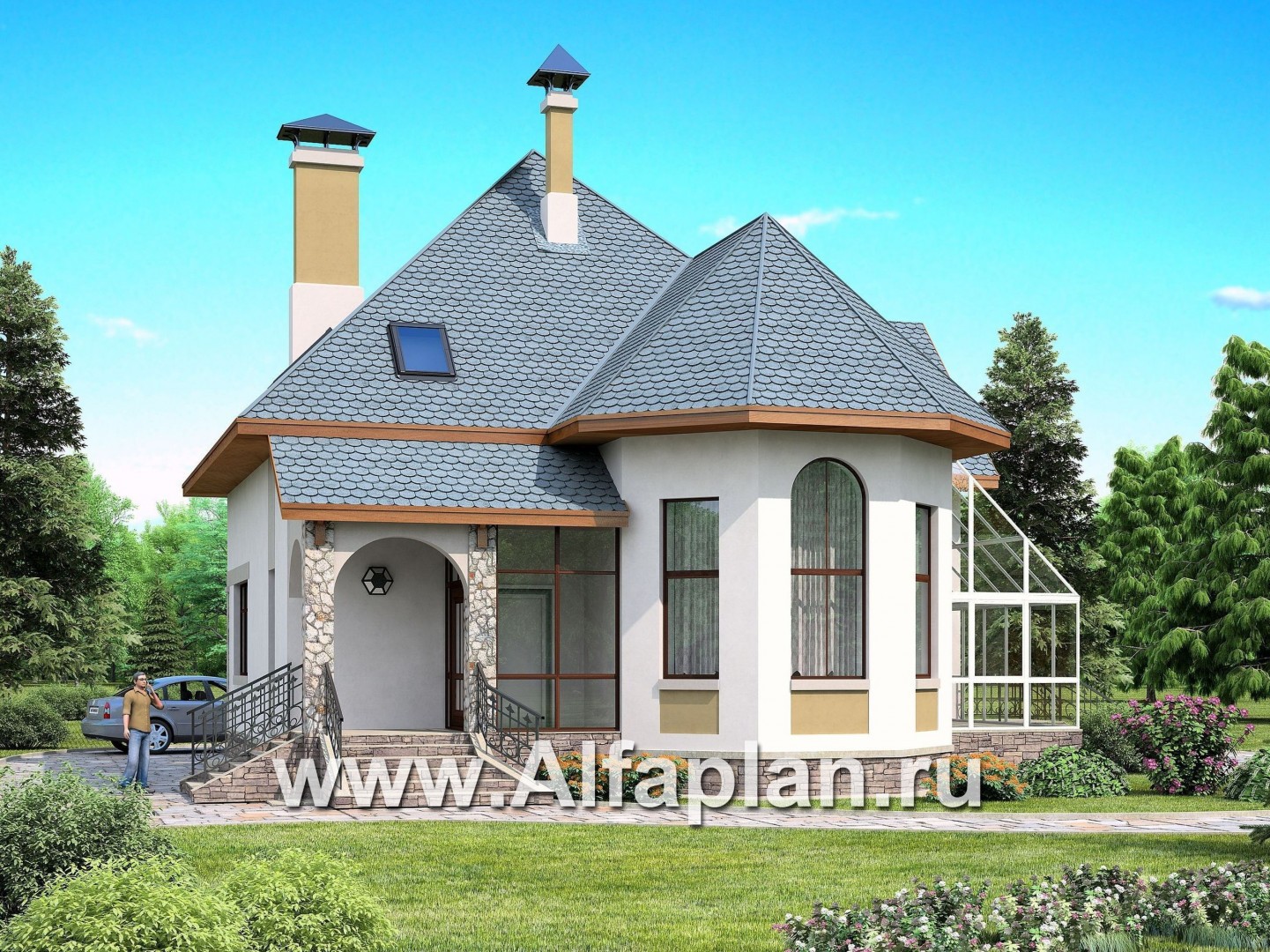 Проекты домов Альфаплан - Загородный дом с террасой-барбекю и зимним садом - основное изображение