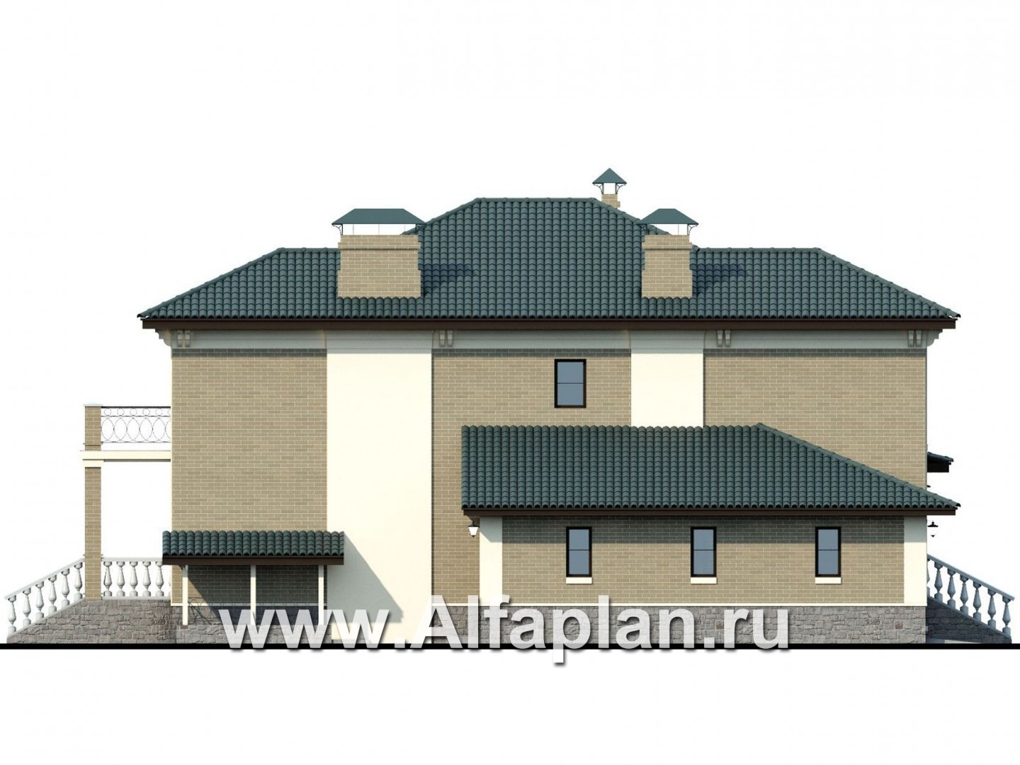 Проекты домов Альфаплан - «Беатрис плюс»- респектабельный коттедж с цокольным этажом - изображение фасада №3