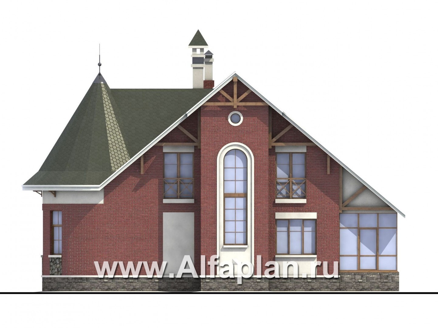 Проекты домов Альфаплан - «Альтбург» - проект  дома с мансардой, с полукруглым эркером и с навесом для 1 авто, в стиле замка - изображение фасада №2