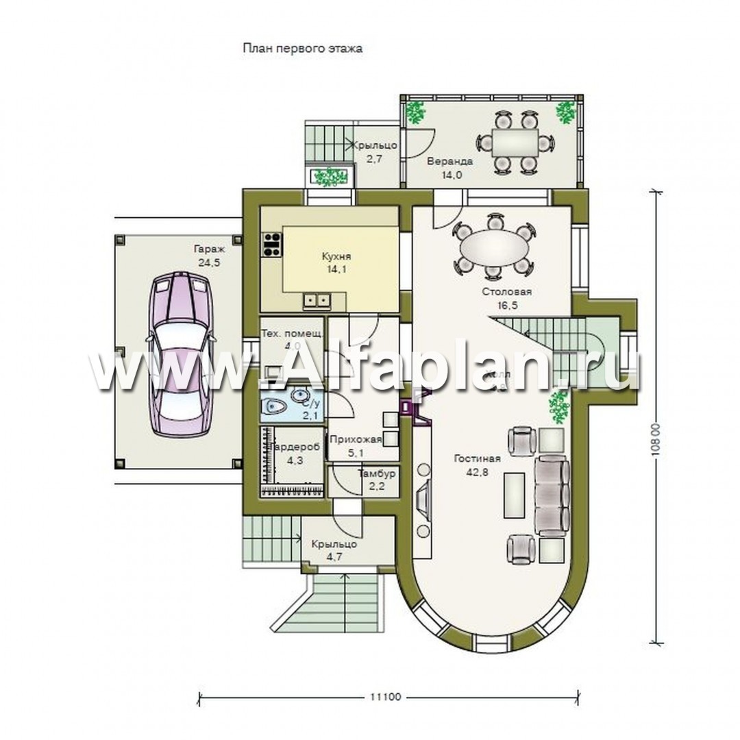 Проекты домов Альфаплан - «Альтбург» - проект  дома с мансардой, с полукруглым эркером и с навесом для 1 авто, в стиле замка - план проекта №1
