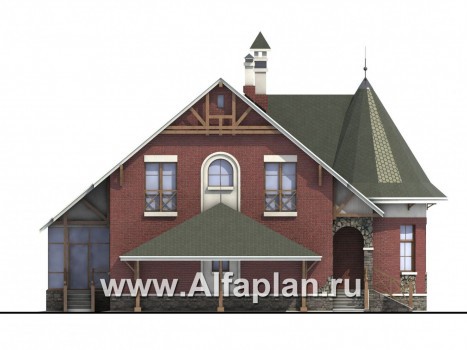 Проекты домов Альфаплан - «Альтбург» - проект  дома с мансардой, с полукруглым эркером и с навесом для 1 авто, в стиле замка - превью фасада №3