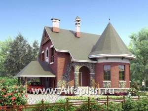 Проекты домов Альфаплан - «Альтбург» - проект  дома с мансардой, с полукруглым эркером и с навесом для 1 авто, в стиле замка - превью основного изображения