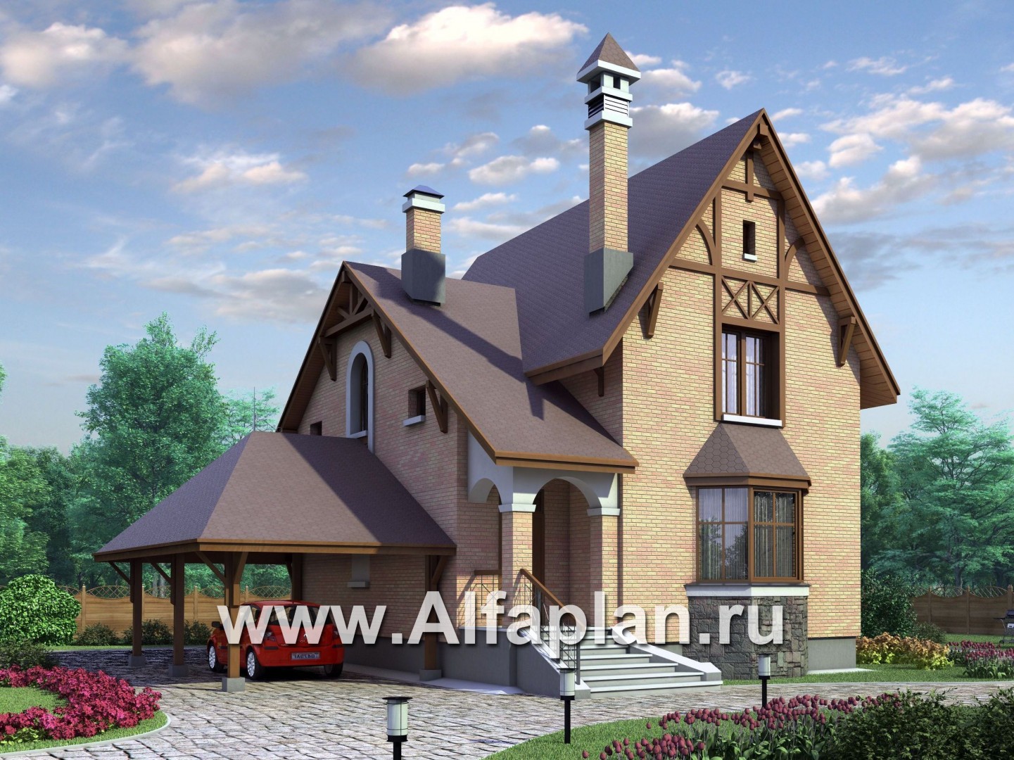 Проекты домов Альфаплан - «Вива Бе» - рациональный дом с навесом для машины - основное изображение