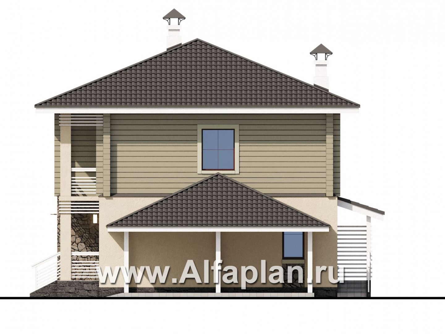 Проекты домов Альфаплан - «АльфаВУД» - проект двухэтажного дома, из газобетона и клееного бруса, с террасой и навесом для авто - изображение фасада №2