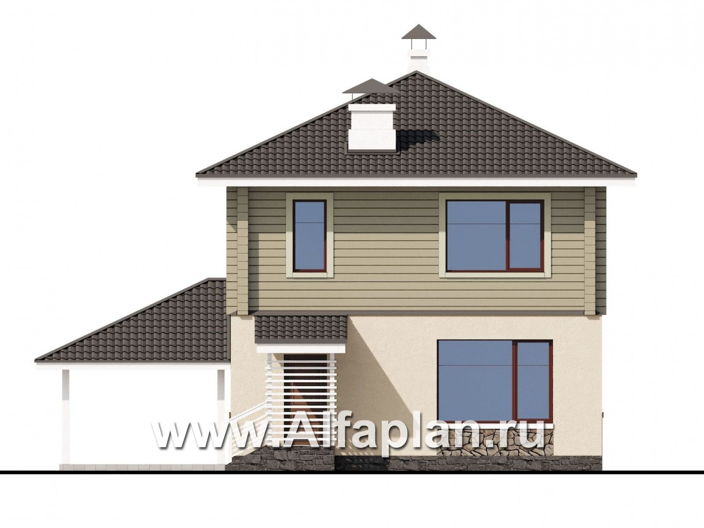 Проекты домов Альфаплан - «АльфаВУД» - проект двухэтажного дома, из газобетона и клееного бруса, с террасой и навесом для авто - изображение фасада №4