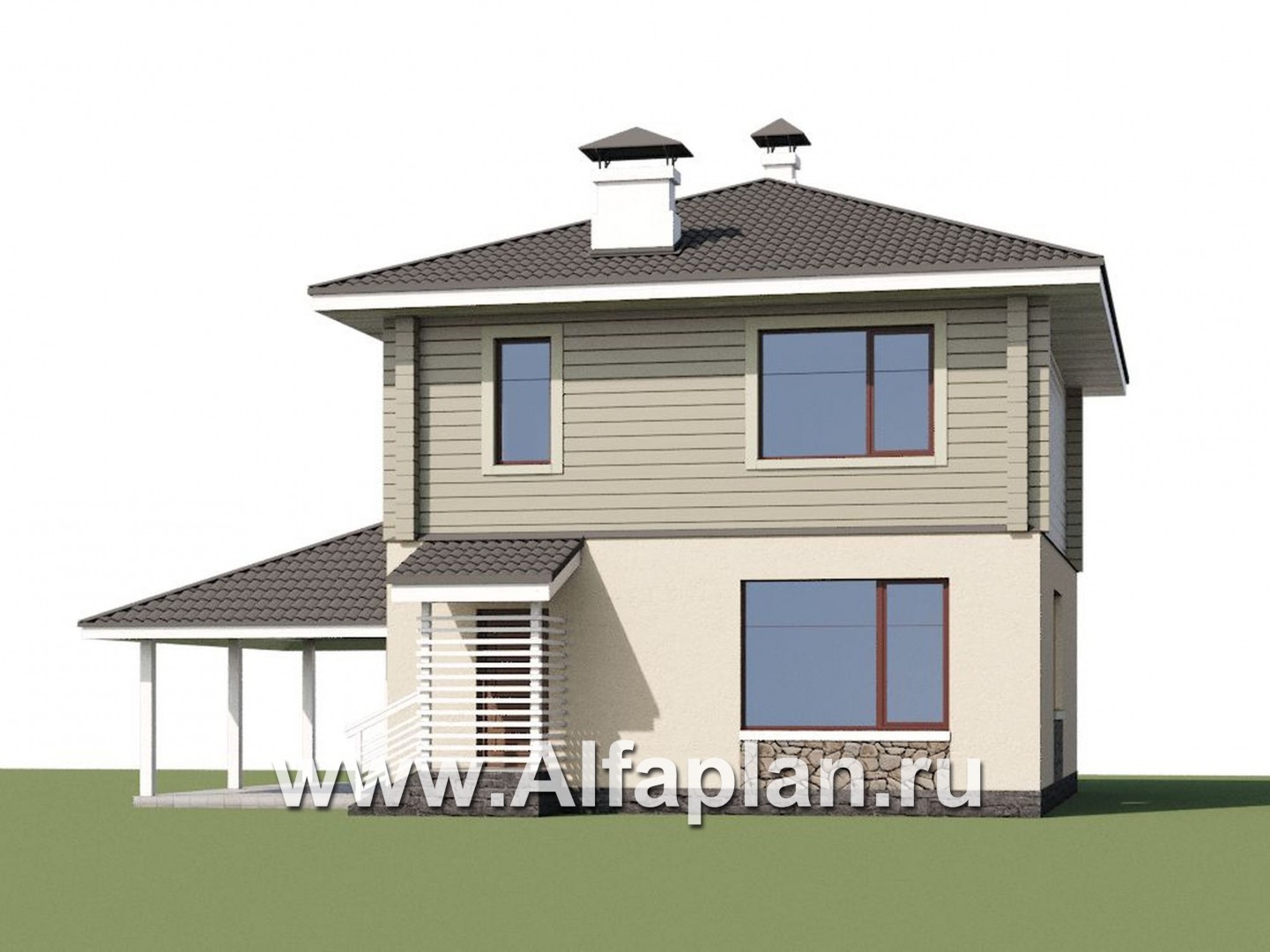 Проекты домов Альфаплан - «АльфаВУД» - проект двухэтажного дома, из газобетона и клееного бруса, с террасой и навесом для авто - дополнительное изображение №1