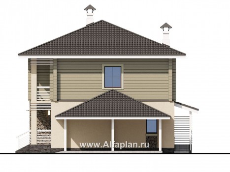 Проекты домов Альфаплан - «АльфаВУД» - проект двухэтажного дома, из газобетона и клееного бруса, с террасой и навесом для авто - превью фасада №2