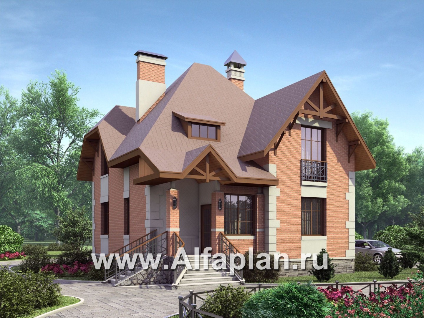 Проекты домов Альфаплан - «Ягерхаус» — проект двухэтажного дома с пирамидальной кровлей, с террасой, в стиле Петровское барокко - основное изображение