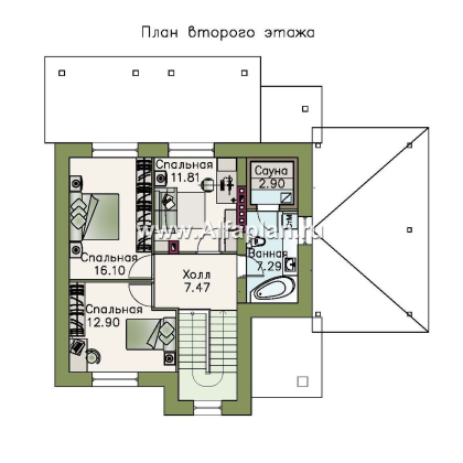 «Приоритет» - красивый проект коттеджа с мансардой, из газобетона , план дома с террасой и сауной, навес на 1 авто - превью план дома