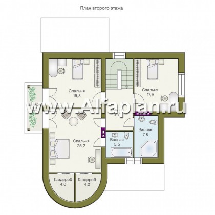 «Авалон» - проект двухэтажного дома с полукруглым эркером, с террасой, с башней в стиле замка - превью план дома