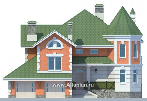 Проекты домов Альфаплан - «Паркон» - коттедж с угловой башенкой - превью фасада №1