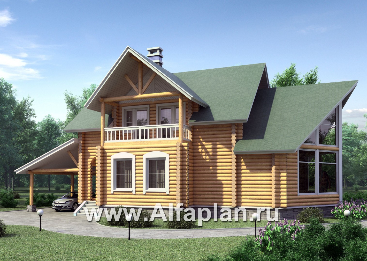 Проекты домов Альфаплан - «Новая Традиция» — деревянный дом с треугольной верандой - основное изображение