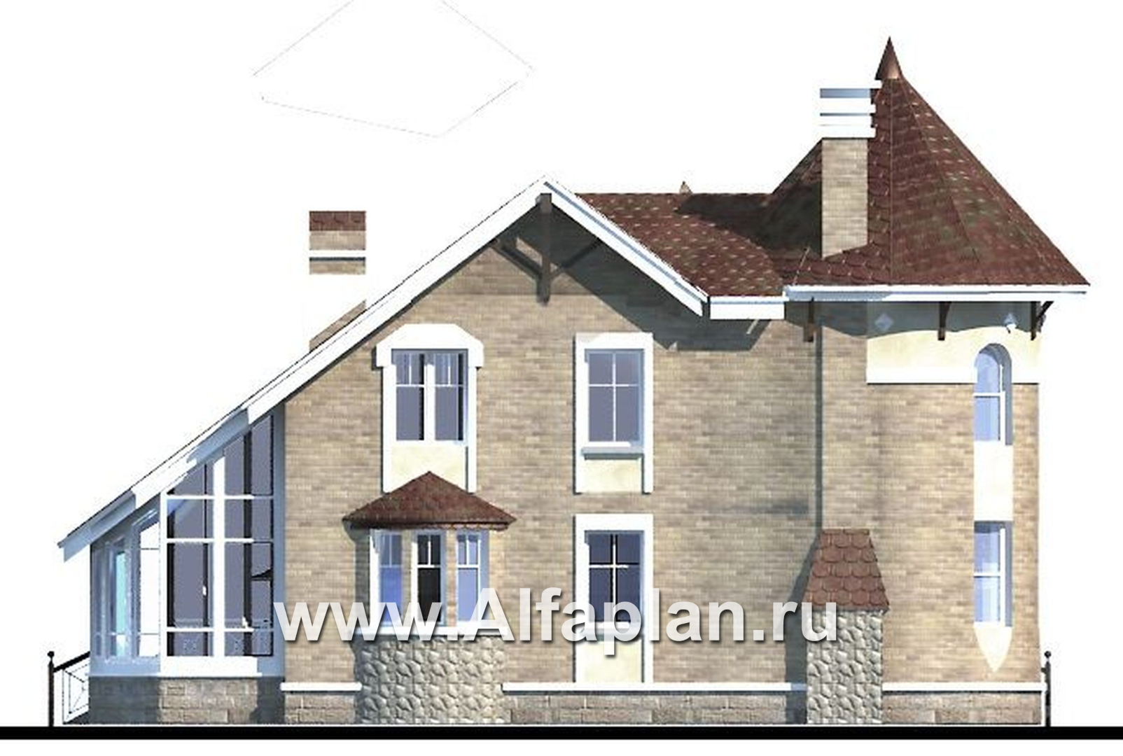Проекты домов Альфаплан - «Камелот» -  загородный дом с угловой «башней» - изображение фасада №3