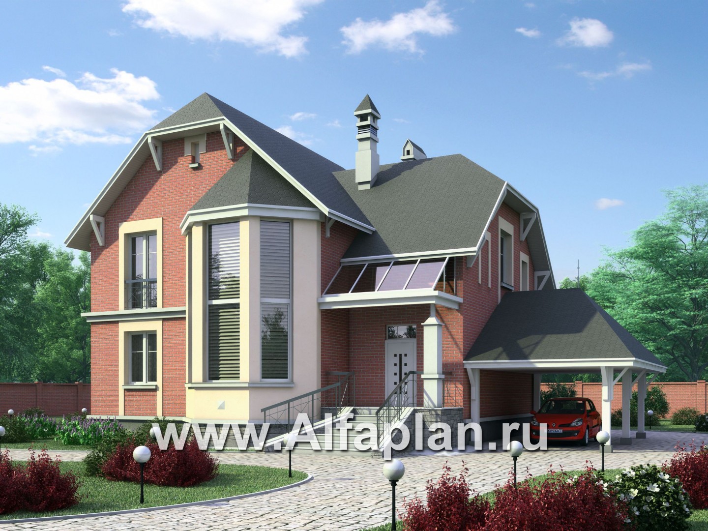 Проекты домов Альфаплан - «Фаворит» - современный коттедж с высоким эркером - основное изображение