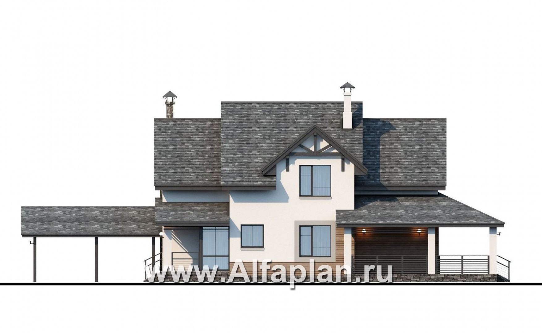 Проекты домов Альфаплан - «Роза ветров» - загородный дом с летней куxней и навесом для машин - изображение фасада №2