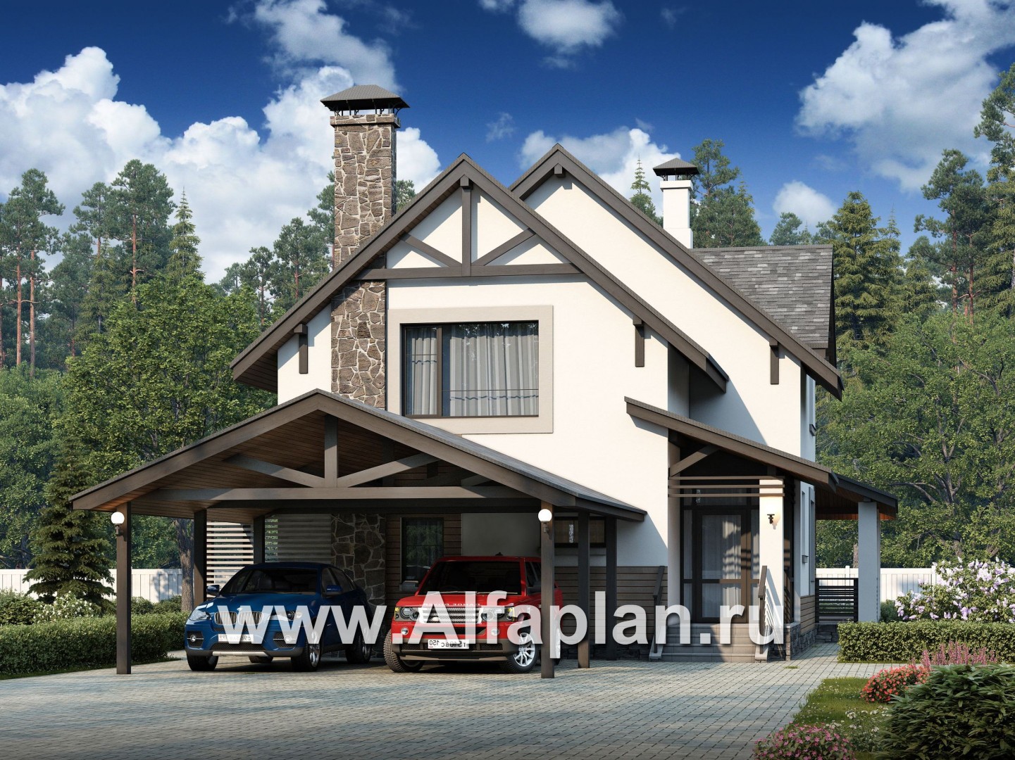 Проекты домов Альфаплан - «Роза ветров» - загородный дом с летней куxней и навесом для машин - основное изображение