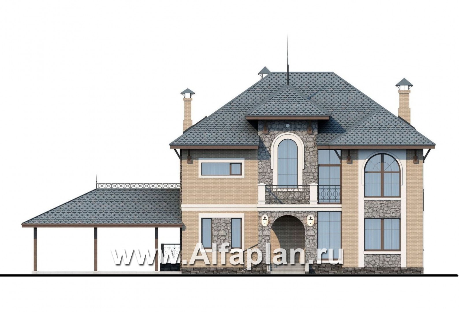 Проекты домов Альфаплан - «Айвенго»- двуxэтажный особняк с мансардой и навесом для машин - изображение фасада №1