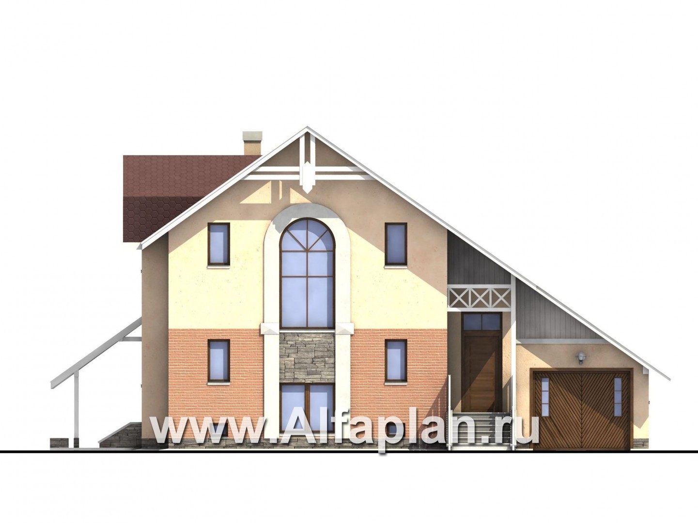 Проекты домов Альфаплан - «Конформ»  - проект двухэтажного дома, из блоков, гараж на 1 авто, с цокольным этажом и верандой - изображение фасада №1