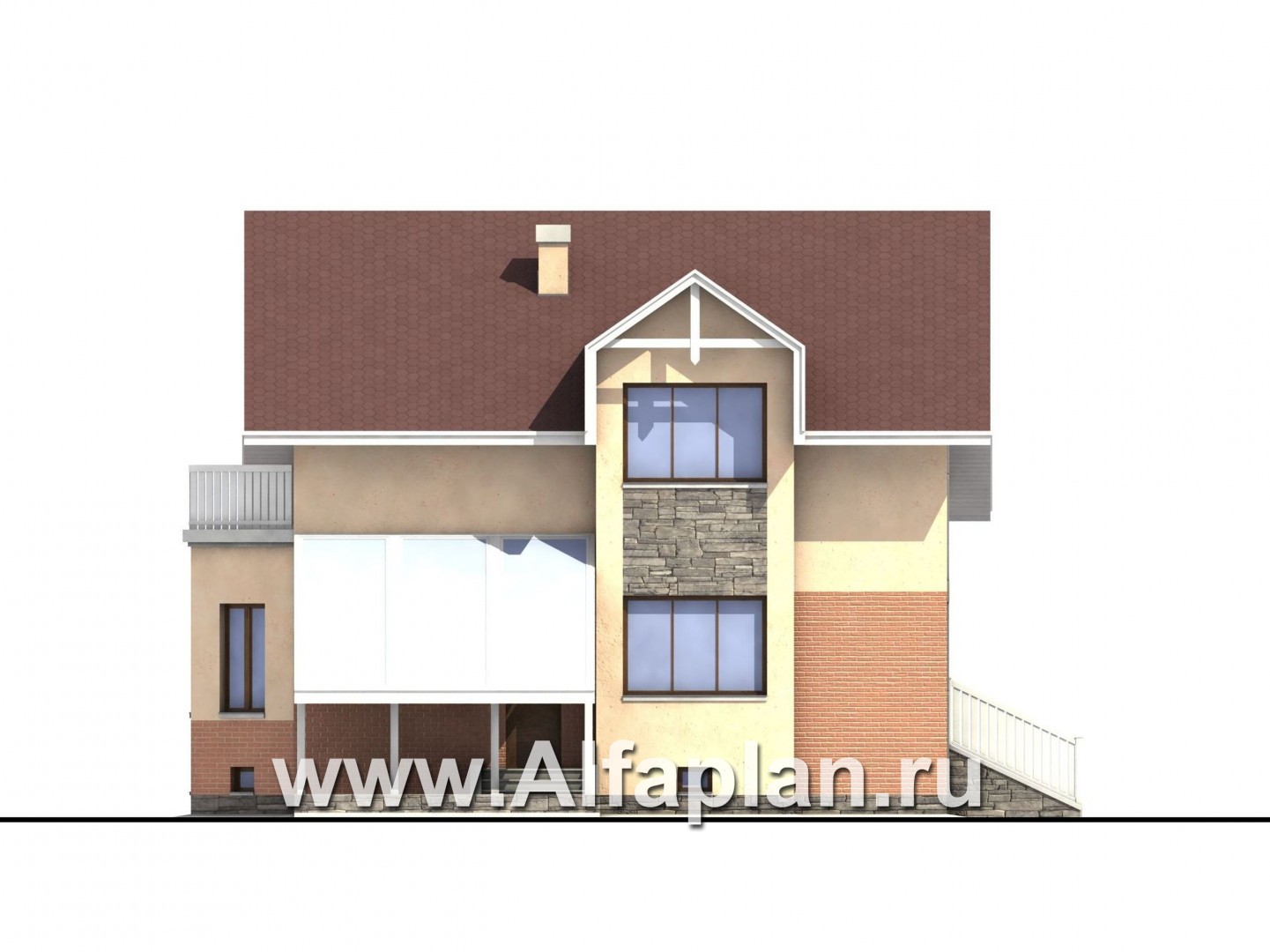 Проекты домов Альфаплан - «Конформ»  - проект двухэтажного дома, из блоков, гараж на 1 авто, с цокольным этажом и верандой - изображение фасада №3