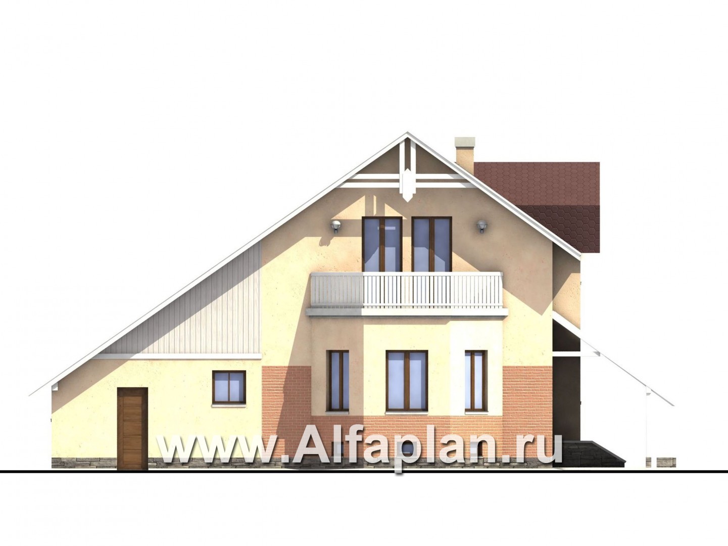 Проекты домов Альфаплан - «Конформ»  - проект двухэтажного дома, из блоков, гараж на 1 авто, с цокольным этажом и верандой - изображение фасада №4