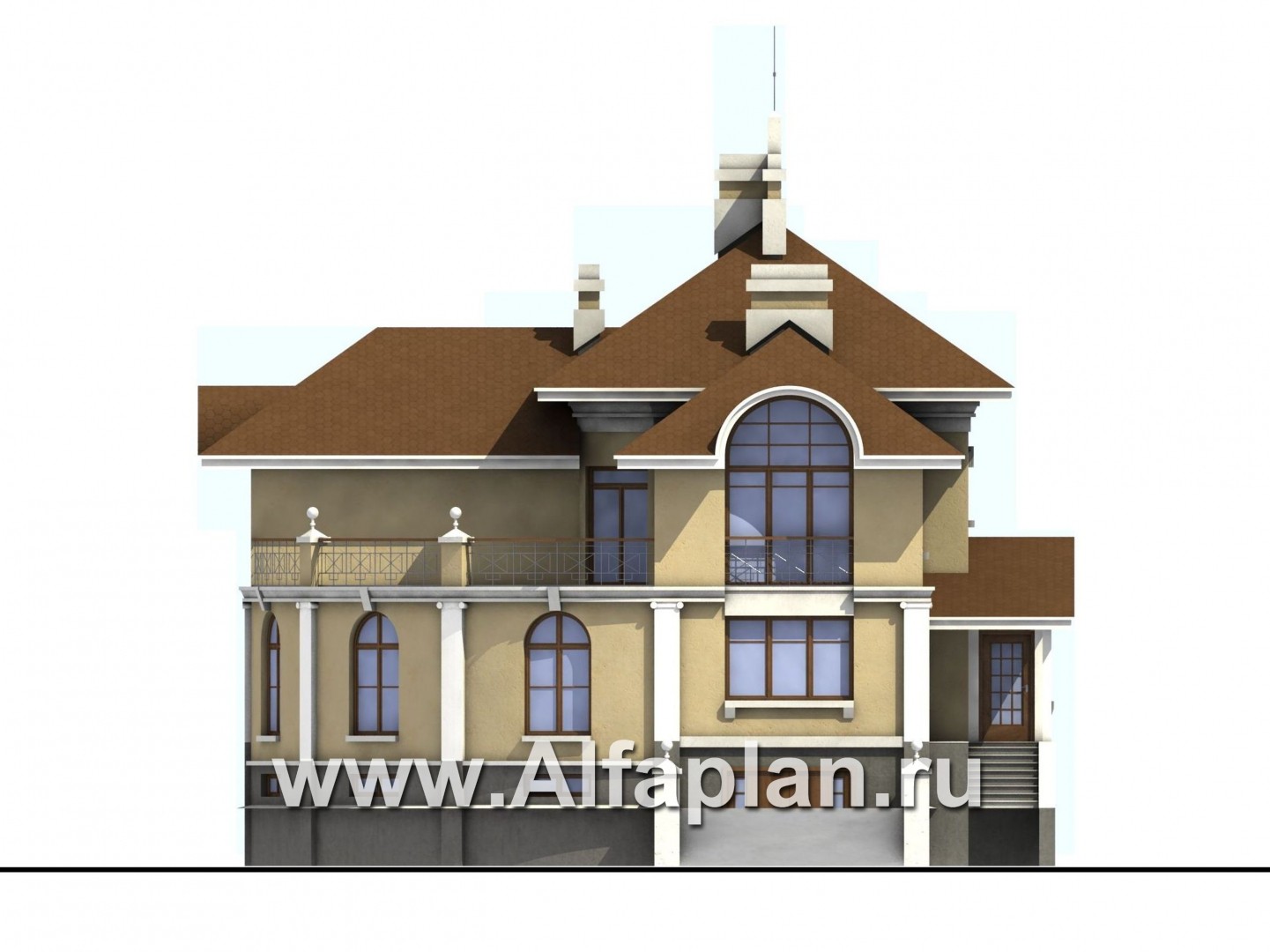 Проект дома из кирпича «Флоренция» в классическом стиле, с террасой, и с цокольным этажом - фасад дома