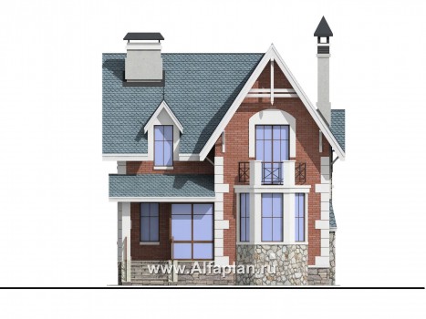 Проекты домов Альфаплан - «Стелла»- проект дома с мансардой, с террасой, в английском стиле - превью фасада №1