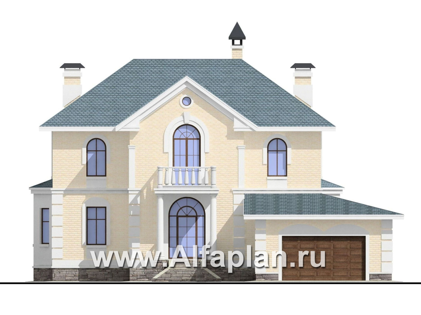 Проекты домов Альфаплан - «Петровское барокко»- двухэтажный коттедж с гаражом на два автомобиля - изображение фасада №1