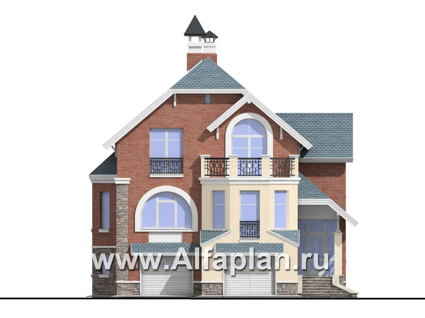 Проекты домов Альфаплан - «Корвет» - проект трехэтажного дома, из газобетона, с гаражом на 2 авто в цоколе, с эркером - изображение фасада №1