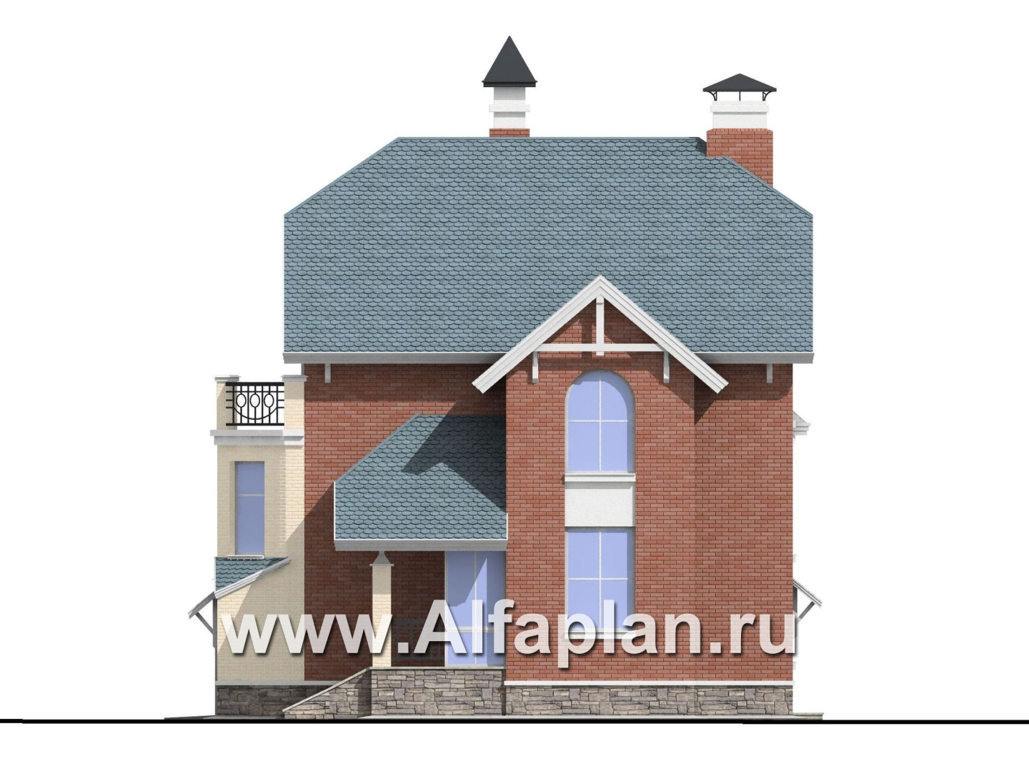 Проекты домов Альфаплан - «Корвет» - проект трехэтажного дома, из газобетона, с гаражом на 2 авто в цоколе, с эркером - изображение фасада №2