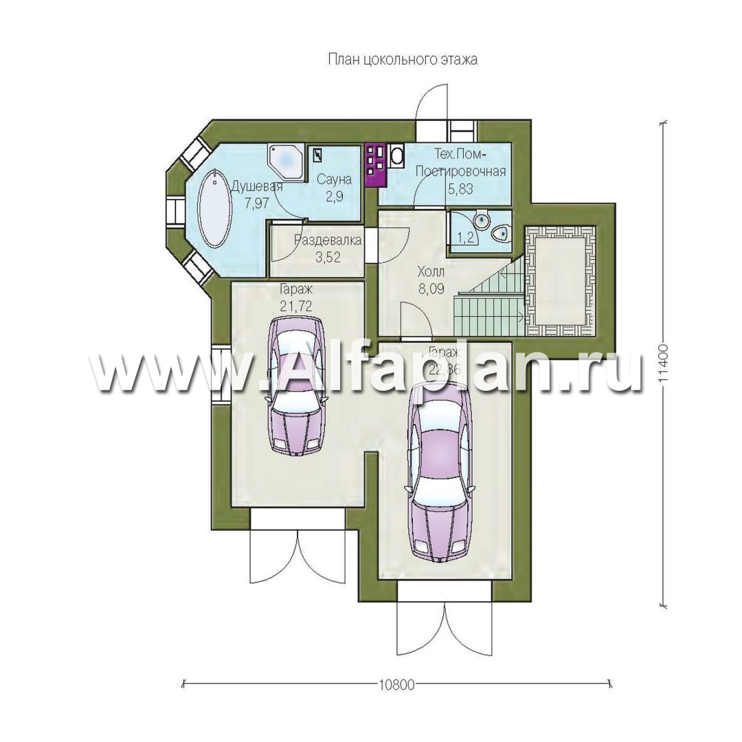 Проекты домов Альфаплан - «Корвет» - проект трехэтажного дома, из газобетона, с гаражом на 2 авто в цоколе, с эркером - план проекта №1