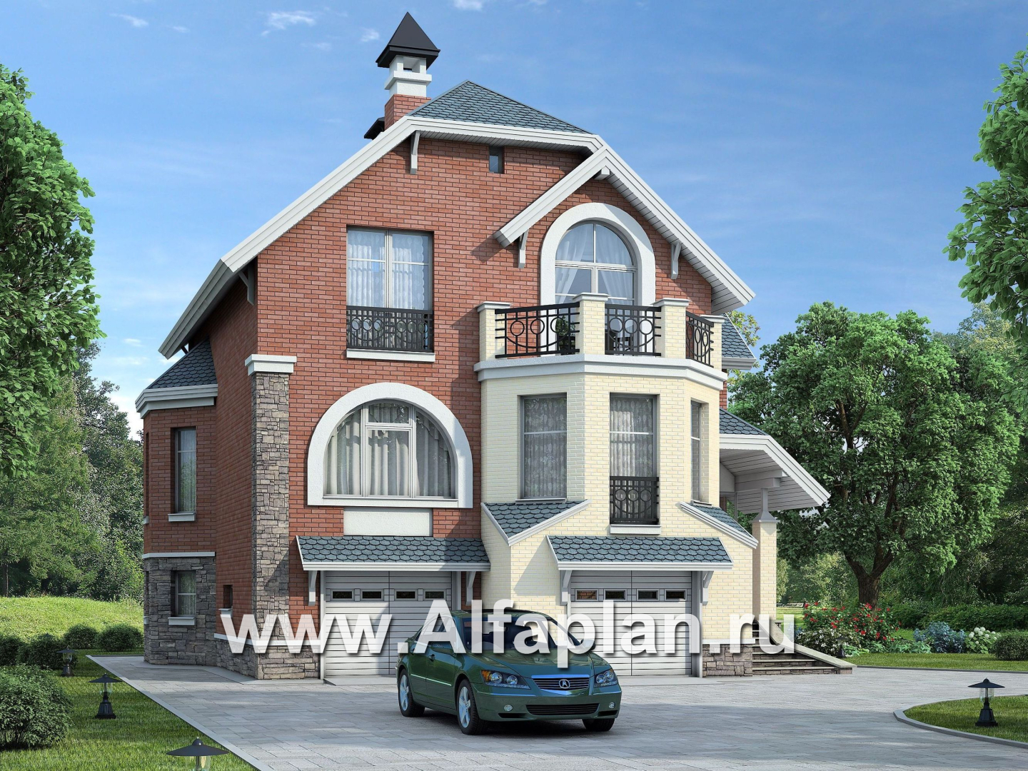 Проекты домов Альфаплан - «Корвет» - проект трехэтажного дома, из газобетона, с гаражом на 2 авто в цоколе, с эркером - дополнительное изображение №1