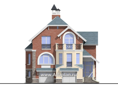 Проекты домов Альфаплан - «Корвет» - проект трехэтажного дома, из газобетона, с гаражом на 2 авто в цоколе, с эркером - превью фасада №1