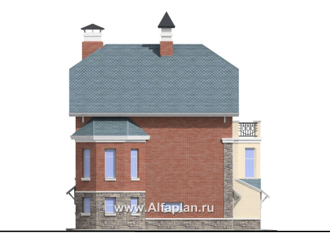 Проекты домов Альфаплан - «Корвет» - проект трехэтажного дома, из газобетона, с гаражом на 2 авто в цоколе, с эркером - превью фасада №3